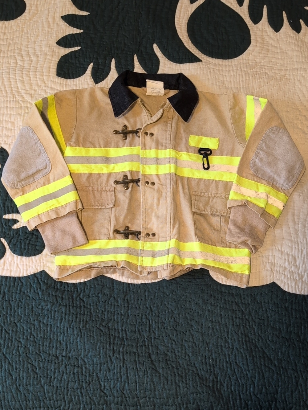 Kids Tan Reflective Fire-Style Puffer Jacket with Neon Yellow Stripes